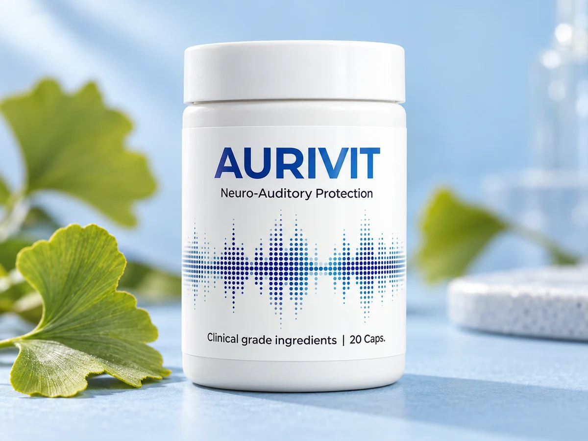 Etiketa dózy Aurivit s nápisem Neuro-Auditory Protection a 20 Caps